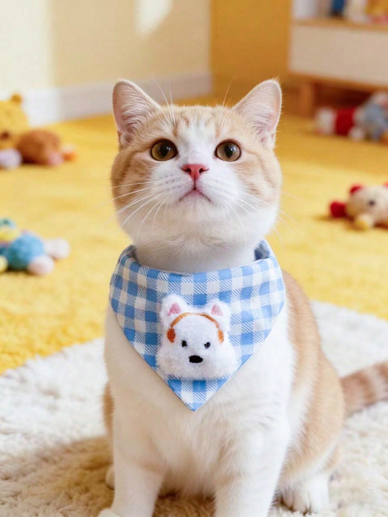 Multicolor polyester triangular pet bandana collar with cartoon design for cats and dogs, used as a cute drooling towel and pet accessory.