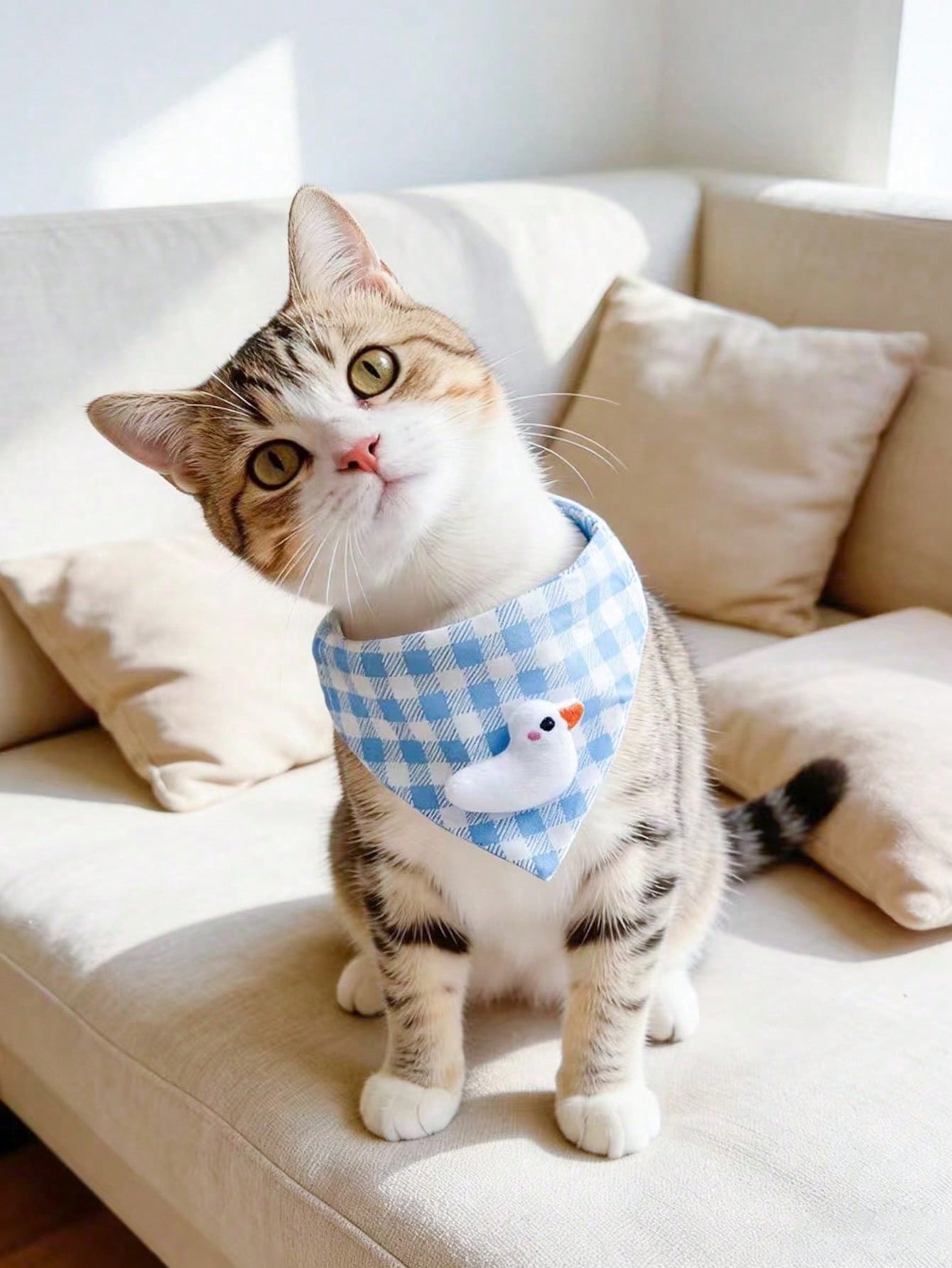 Multicolor polyester triangular pet bandana collar with cartoon design for cats and dogs, used as a cute drooling towel and pet accessory.