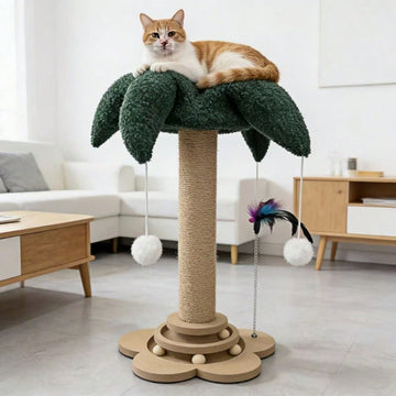 Green flower-shaped vertical cat scratching post made of sisal rope and MDF with a round base and four hanging teaser balls for indoor cats.
