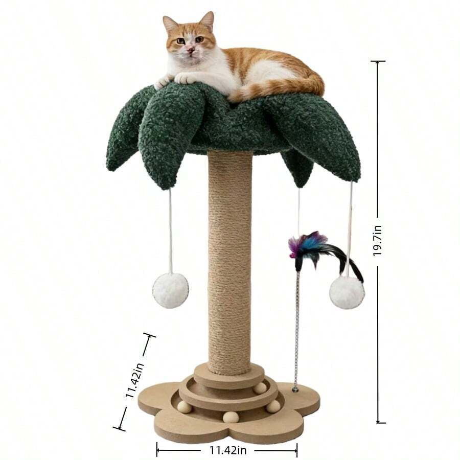 Green flower-shaped vertical cat scratching post made of sisal rope and MDF with a round base and four hanging teaser balls for indoor cats.