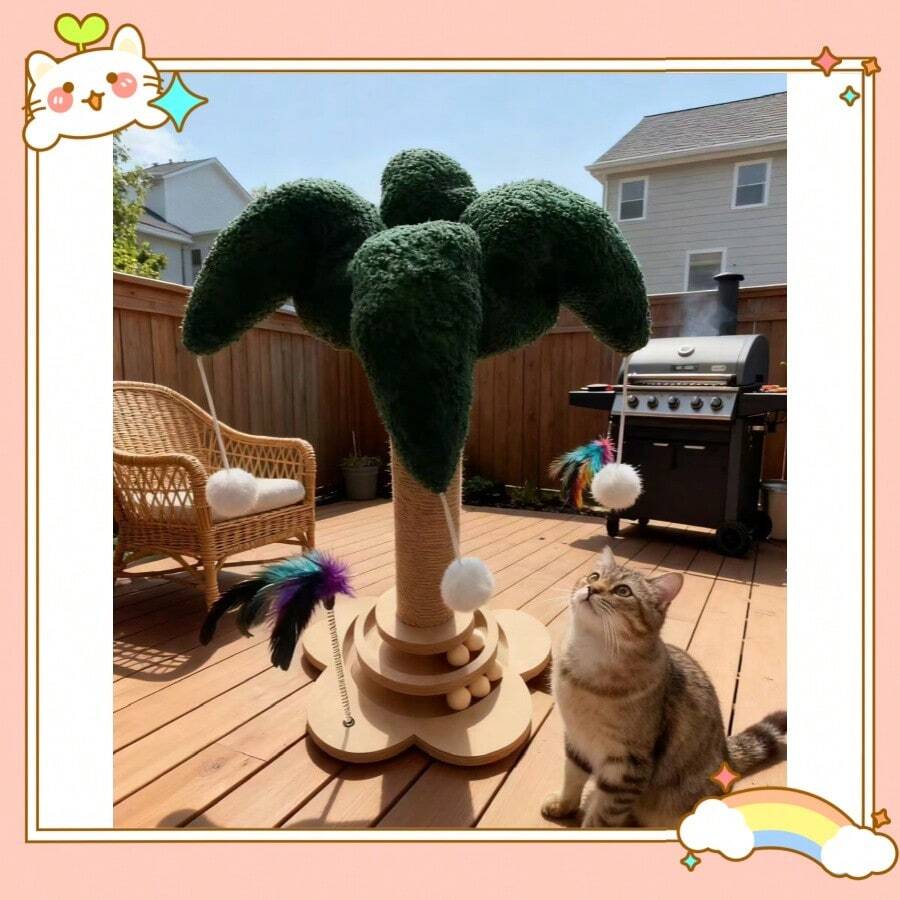 Green flower-shaped vertical cat scratching post made of sisal rope and MDF with a round base and four hanging teaser balls for indoor cats.