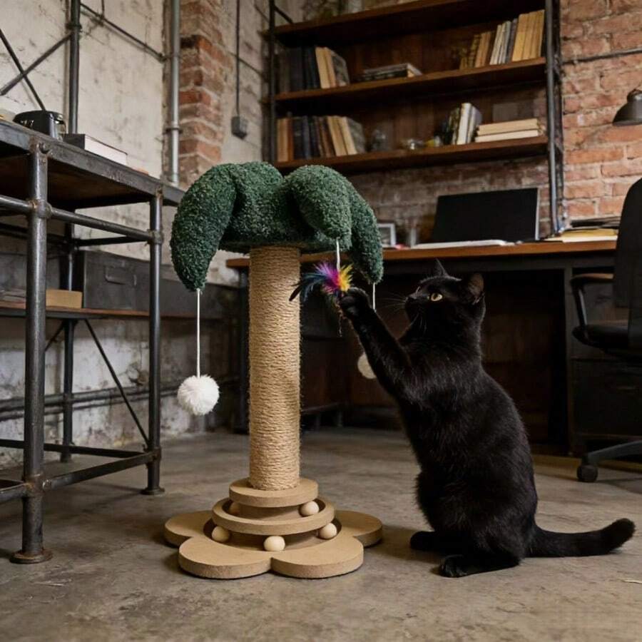 Green flower-shaped vertical cat scratching post made of sisal rope and MDF with a round base and four hanging teaser balls for indoor cats.
