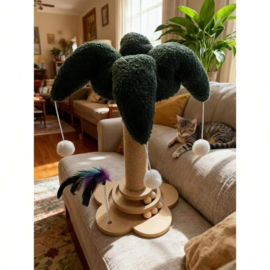 Green flower-shaped vertical cat scratching post made of sisal rope and MDF with a round base and four hanging teaser balls for indoor cats.