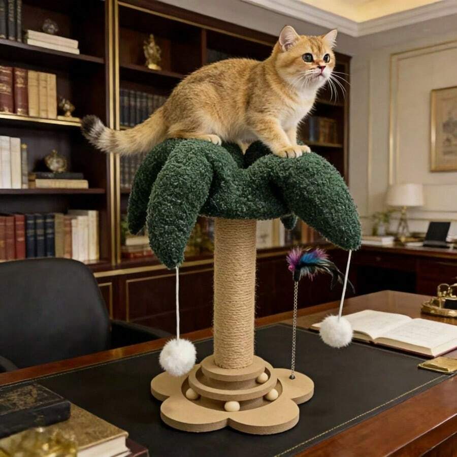 Green flower-shaped vertical cat scratching post made of sisal rope and MDF with a round base and four hanging teaser balls for indoor cats.