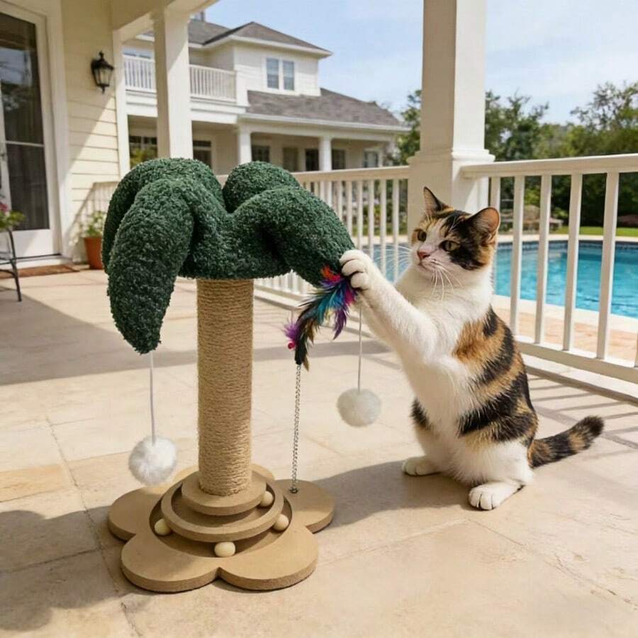 Green flower-shaped vertical cat scratching post made of sisal rope and MDF with a round base and four hanging teaser balls for indoor cats.