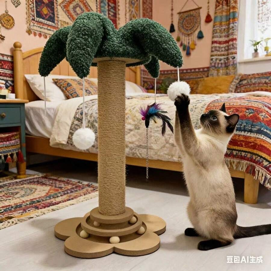 Green flower-shaped vertical cat scratching post made of sisal rope and MDF with a round base and four hanging teaser balls for indoor cats.