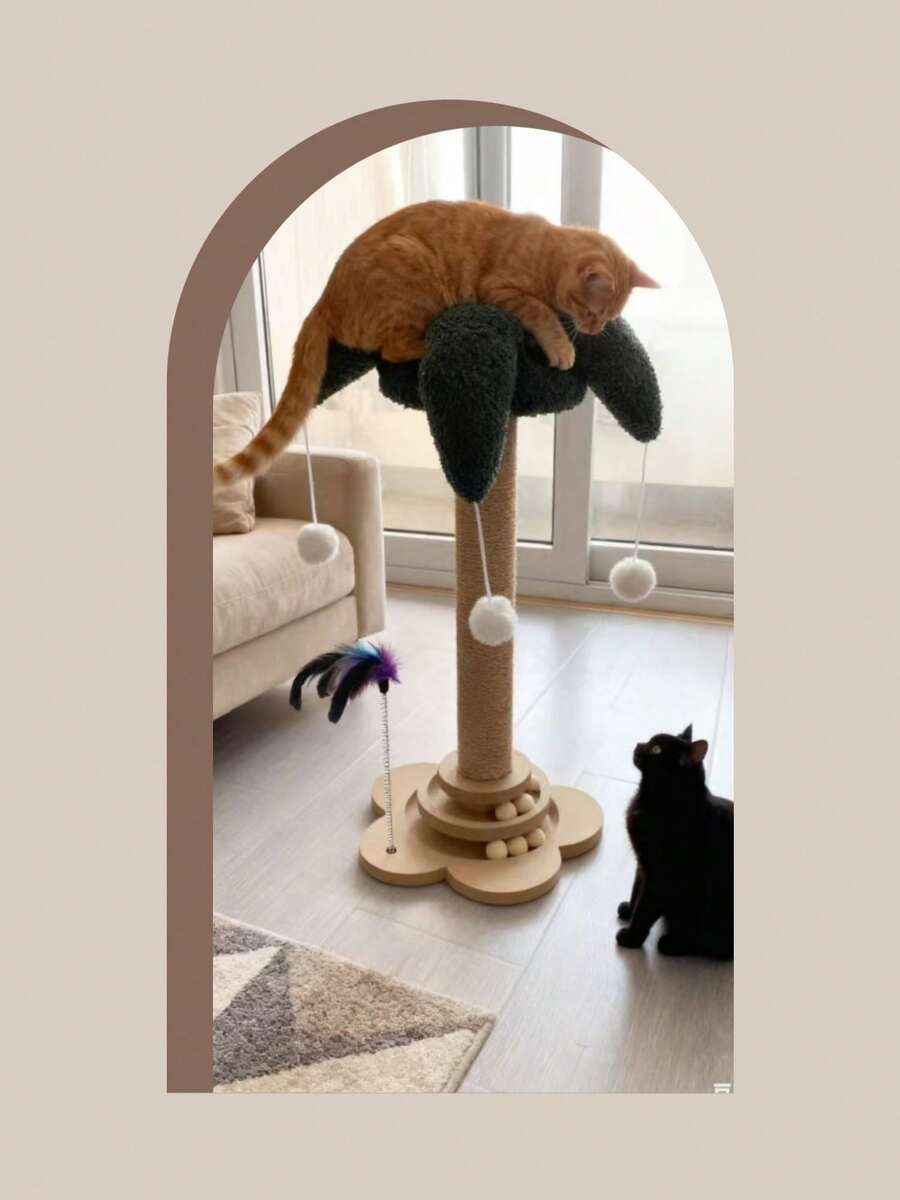 Green flower-shaped vertical cat scratching post made of sisal rope and MDF with a round base and four hanging teaser balls for indoor cats.