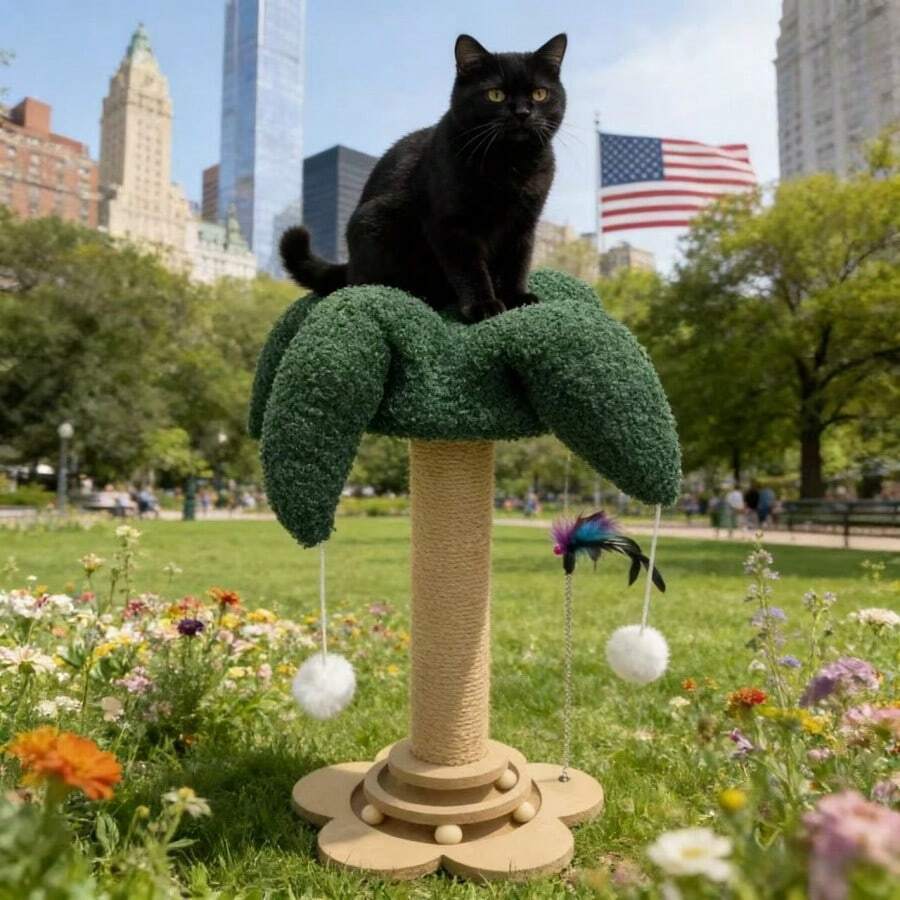 Green flower-shaped vertical cat scratching post made of sisal rope and MDF with a round base and four hanging teaser balls for indoor cats.