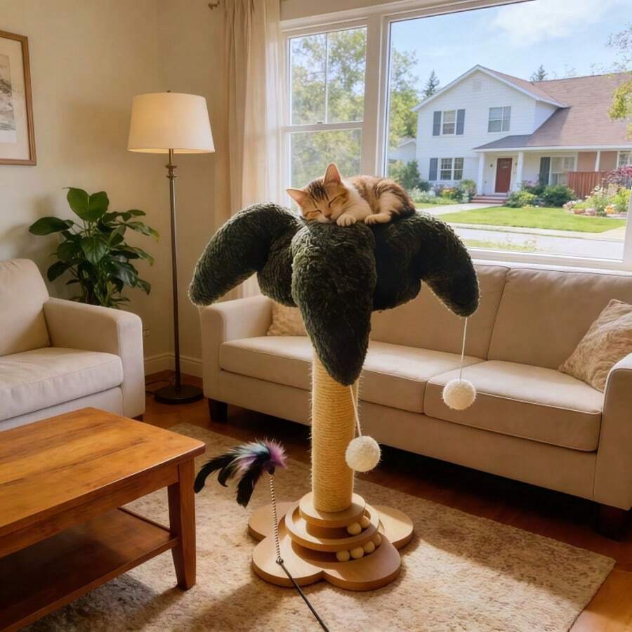 Green flower-shaped vertical cat scratching post made of sisal rope and MDF with a round base and four hanging teaser balls for indoor cats.