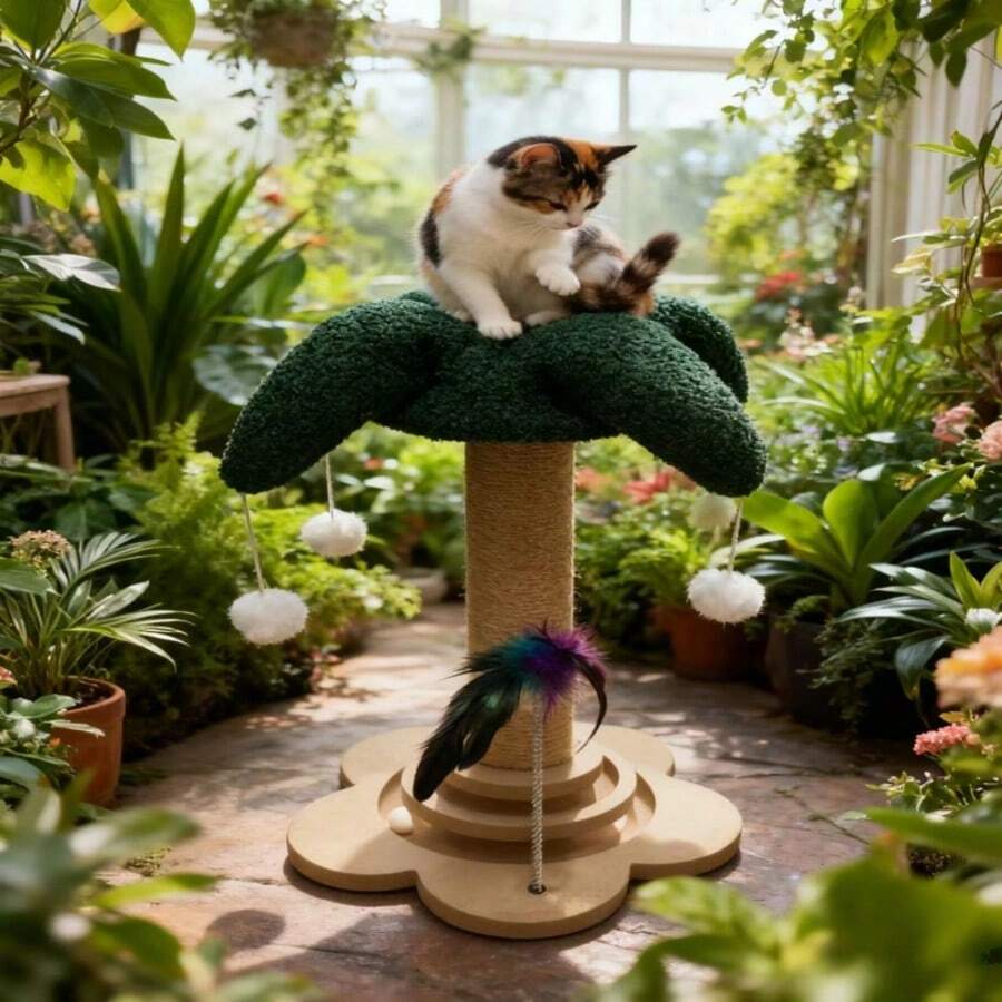 Green flower-shaped vertical cat scratching post made of sisal rope and MDF with a round base and four hanging teaser balls for indoor cats.