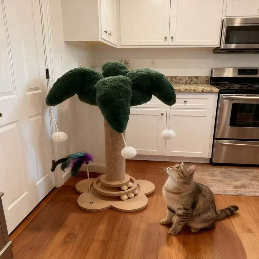 Green flower-shaped vertical cat scratching post made of sisal rope and MDF with a round base and four hanging teaser balls for indoor cats.