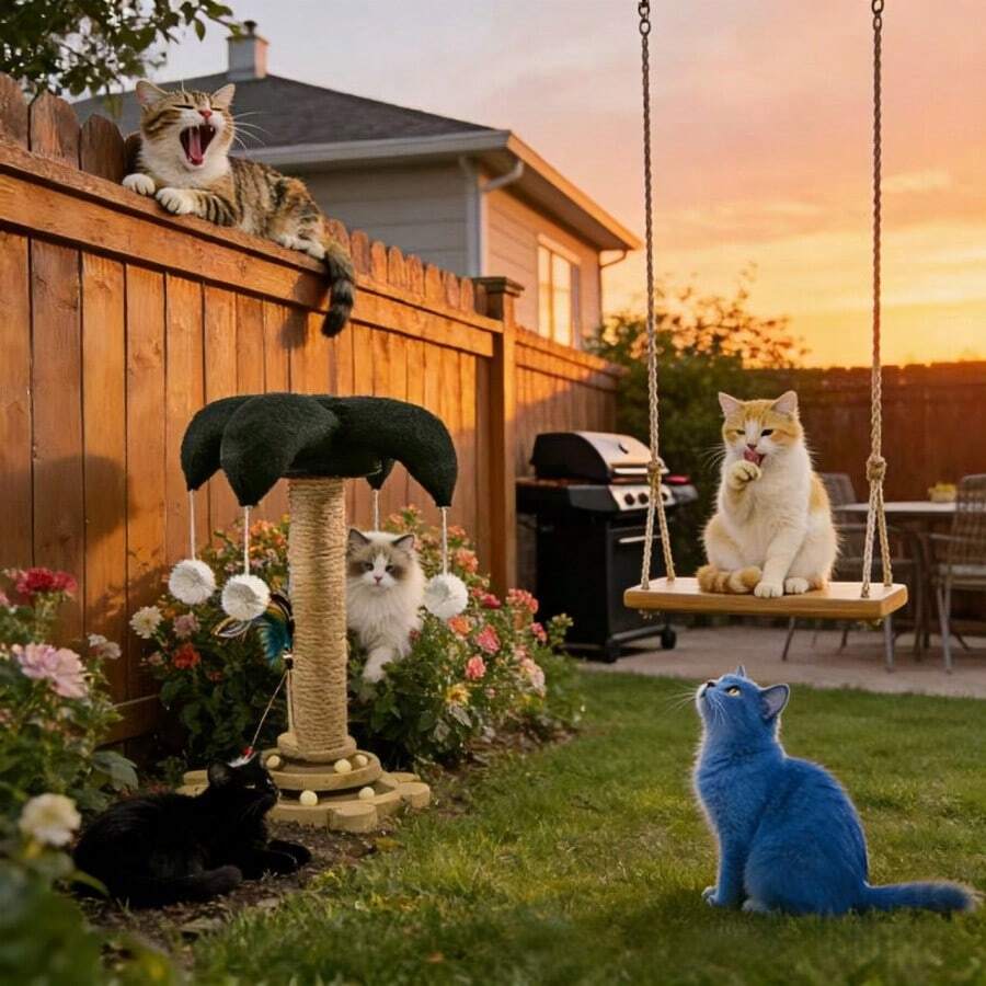 Green flower-shaped vertical cat scratching post made of sisal rope and MDF with a round base and four hanging teaser balls for indoor cats.