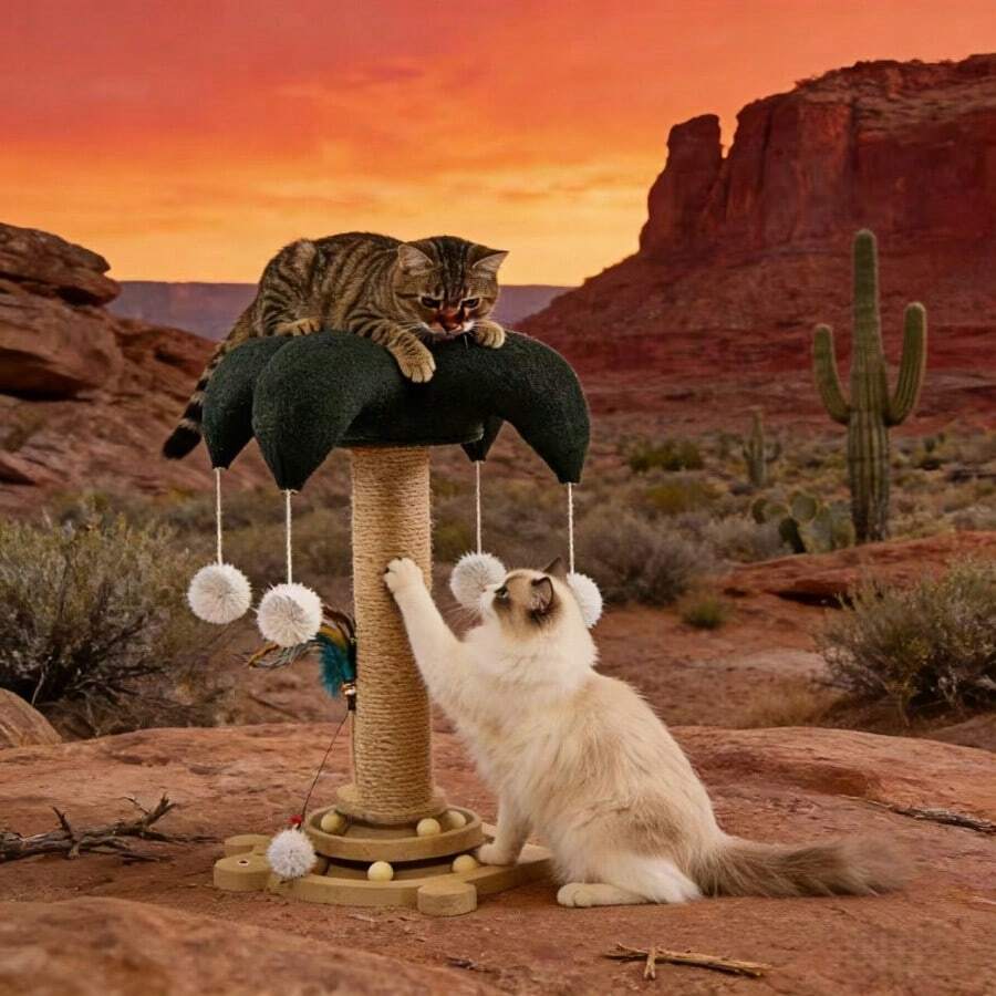 Green flower-shaped vertical cat scratching post made of sisal rope and MDF with a round base and four hanging teaser balls for indoor cats.
