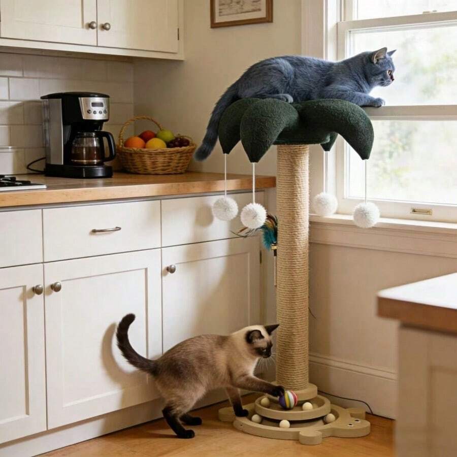 Green flower-shaped vertical cat scratching post made of sisal rope and MDF with a round base and four hanging teaser balls for indoor cats.