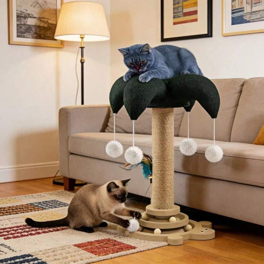Green flower-shaped vertical cat scratching post made of sisal rope and MDF with a round base and four hanging teaser balls for indoor cats.