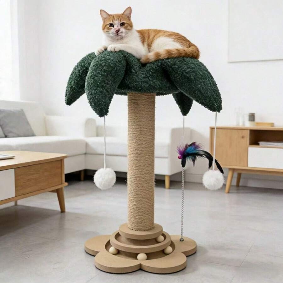 Green flower-shaped vertical cat scratching post made of sisal rope and MDF with a round base and four hanging teaser balls for indoor cats.