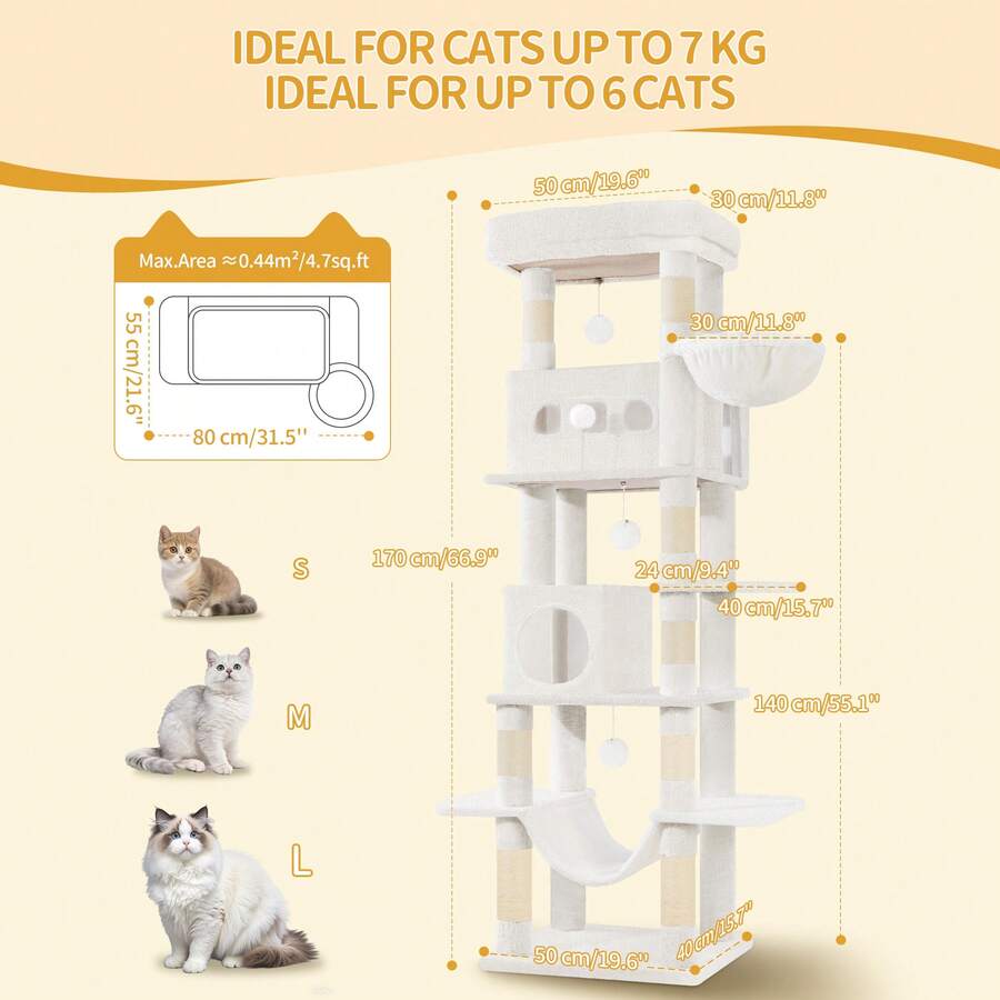 Light grey 67-inch multi-level cat tree featuring two condo caves, plush top perch, hammock, 8 natural sisal scratching posts, and hanging pom-pom toys for indoor cats.