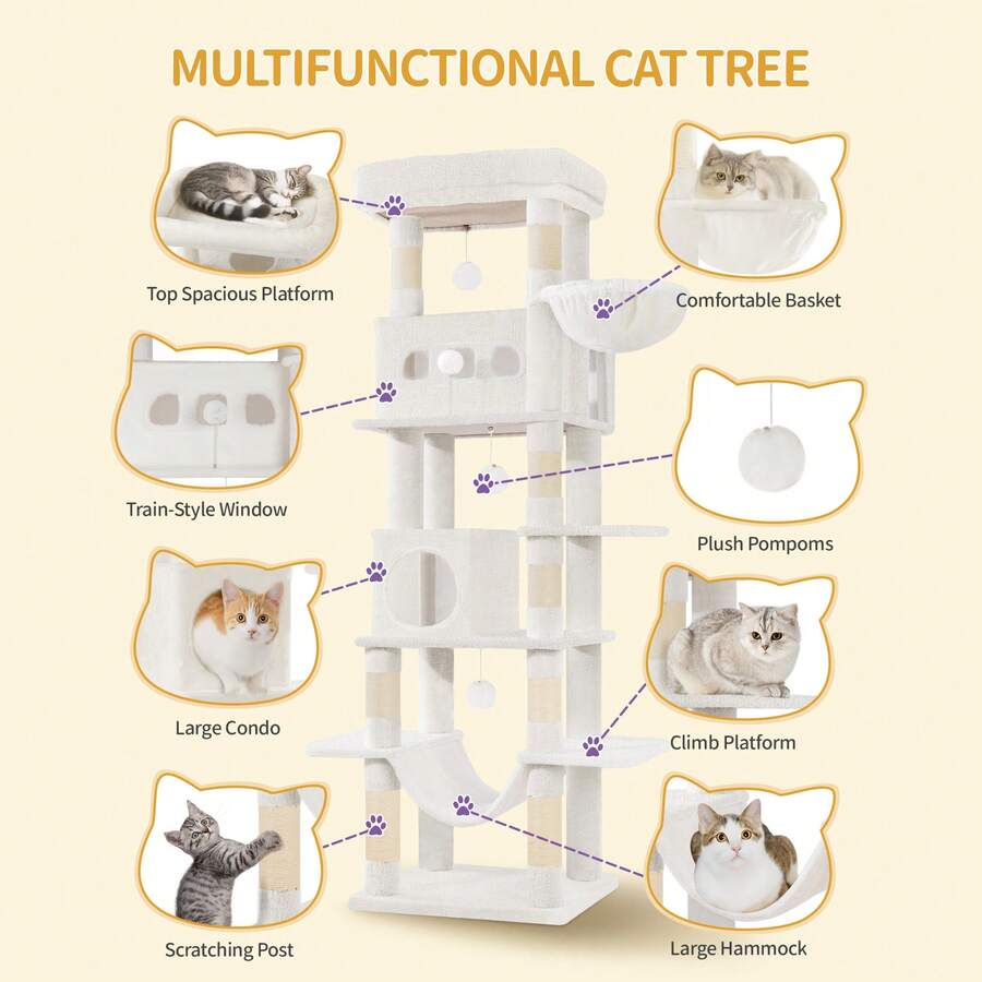 Light grey 67-inch multi-level cat tree featuring two condo caves, plush top perch, hammock, 8 natural sisal scratching posts, and hanging pom-pom toys for indoor cats.