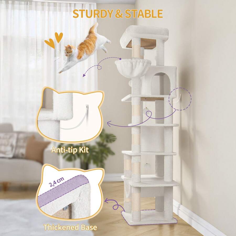 Light grey 67-inch multi-level cat tree featuring two condo caves, plush top perch, hammock, 8 natural sisal scratching posts, and hanging pom-pom toys for indoor cats.