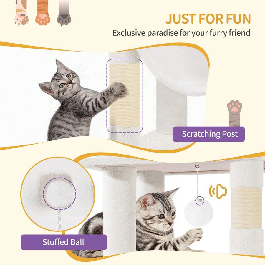 Light grey 67-inch multi-level cat tree featuring two condo caves, plush top perch, hammock, 8 natural sisal scratching posts, and hanging pom-pom toys for indoor cats.