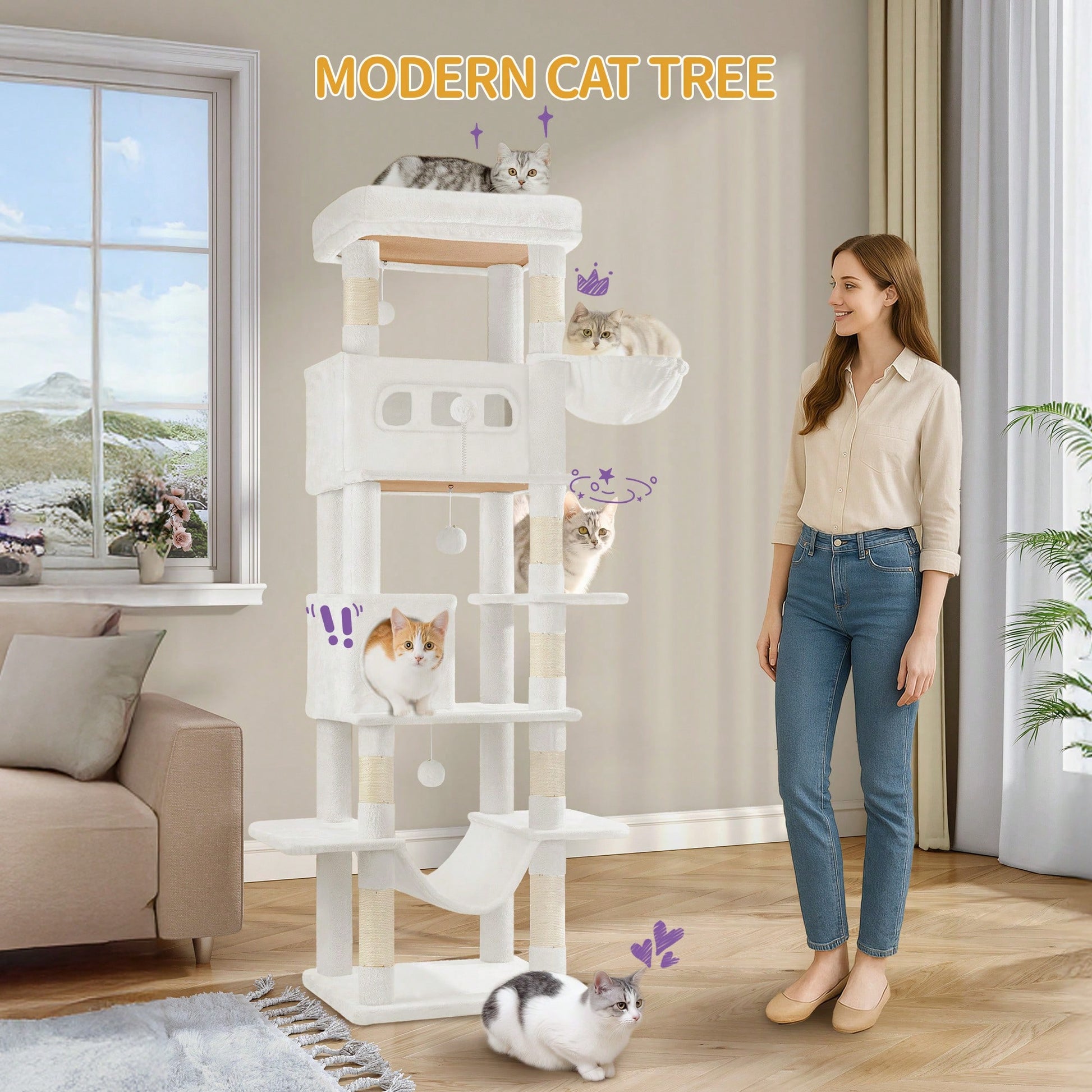 Light grey 67-inch multi-level cat tree featuring two condo caves, plush top perch, hammock, 8 natural sisal scratching posts, and hanging pom-pom toys for indoor cats.