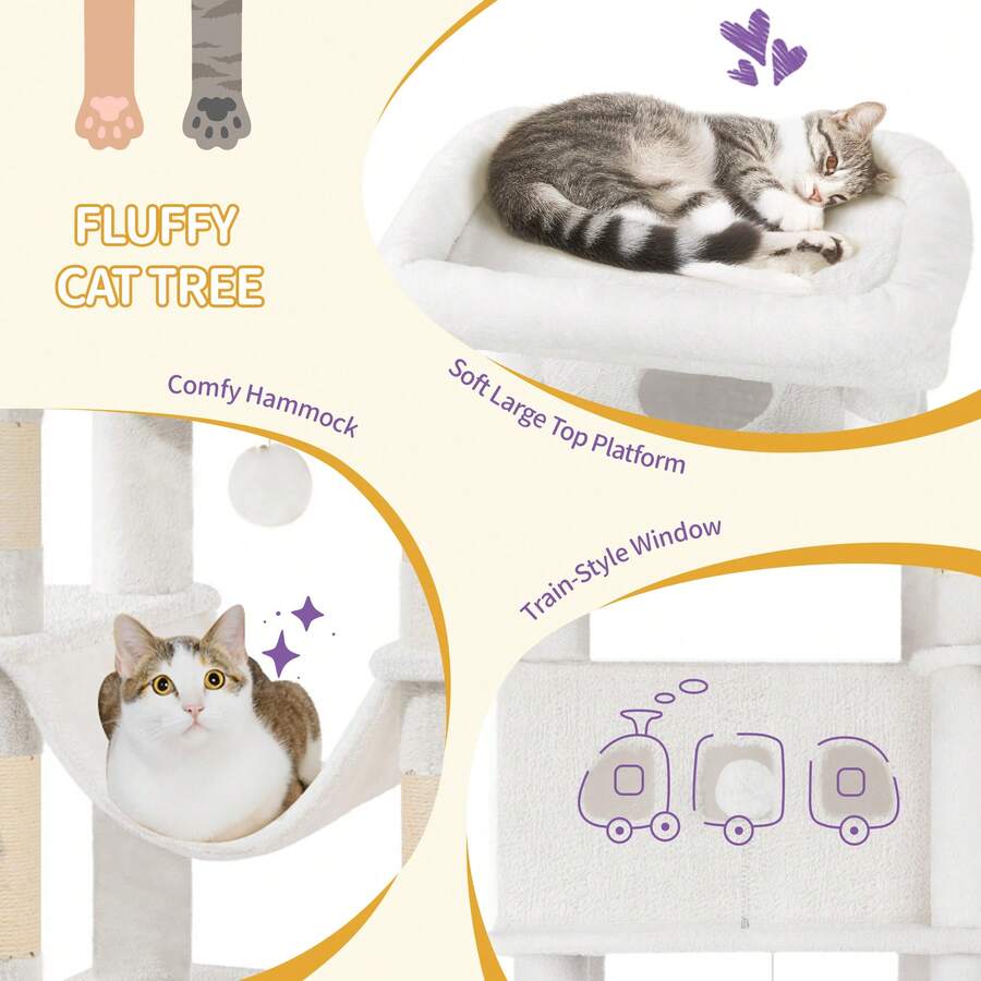Light grey 67-inch multi-level cat tree featuring two condo caves, plush top perch, hammock, 8 natural sisal scratching posts, and hanging pom-pom toys for indoor cats.