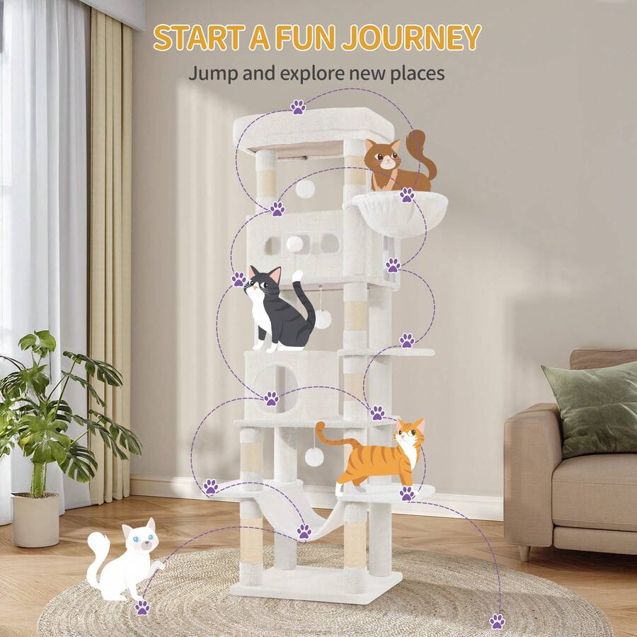 Light grey 67-inch multi-level cat tree featuring two condo caves, plush top perch, hammock, 8 natural sisal scratching posts, and hanging pom-pom toys for indoor cats.