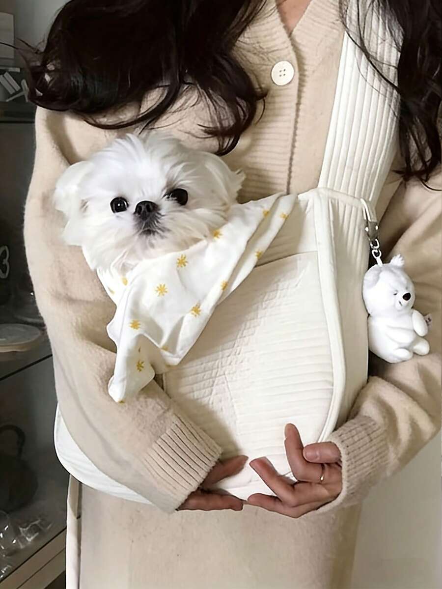 White canvas pet carrier tote bag with shoulder strap for cats and small dogs