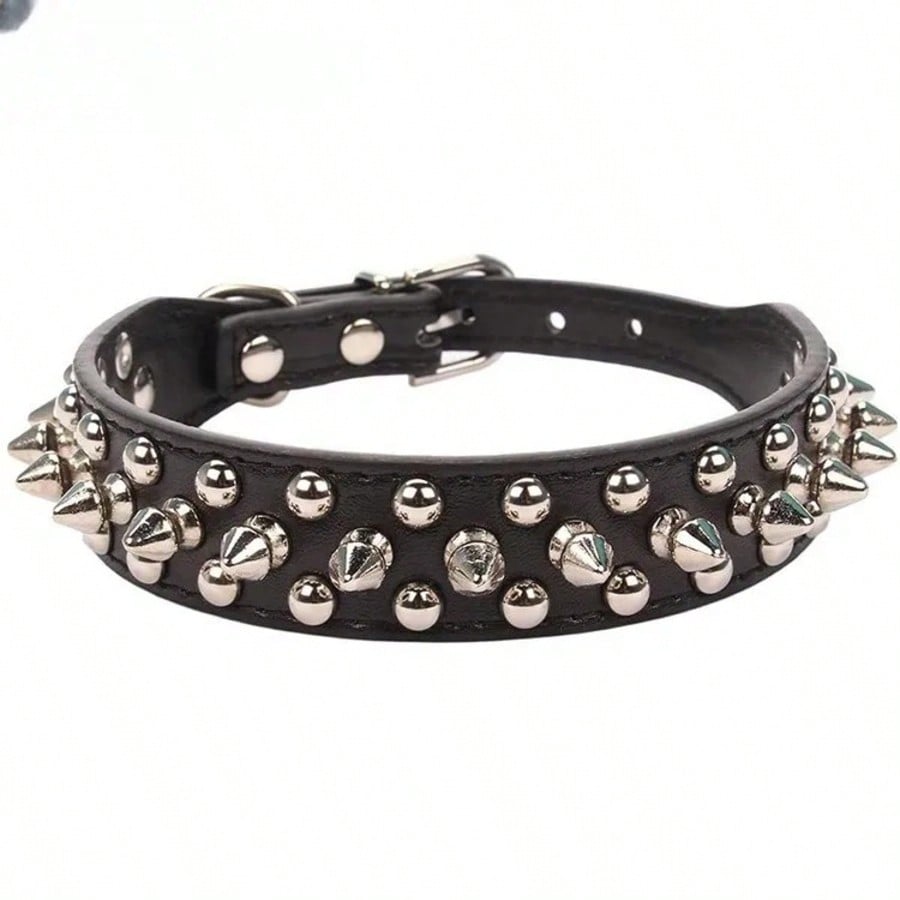 Adjustable PU leather dog collar with punk rivet and spiked detailing for pet dogs