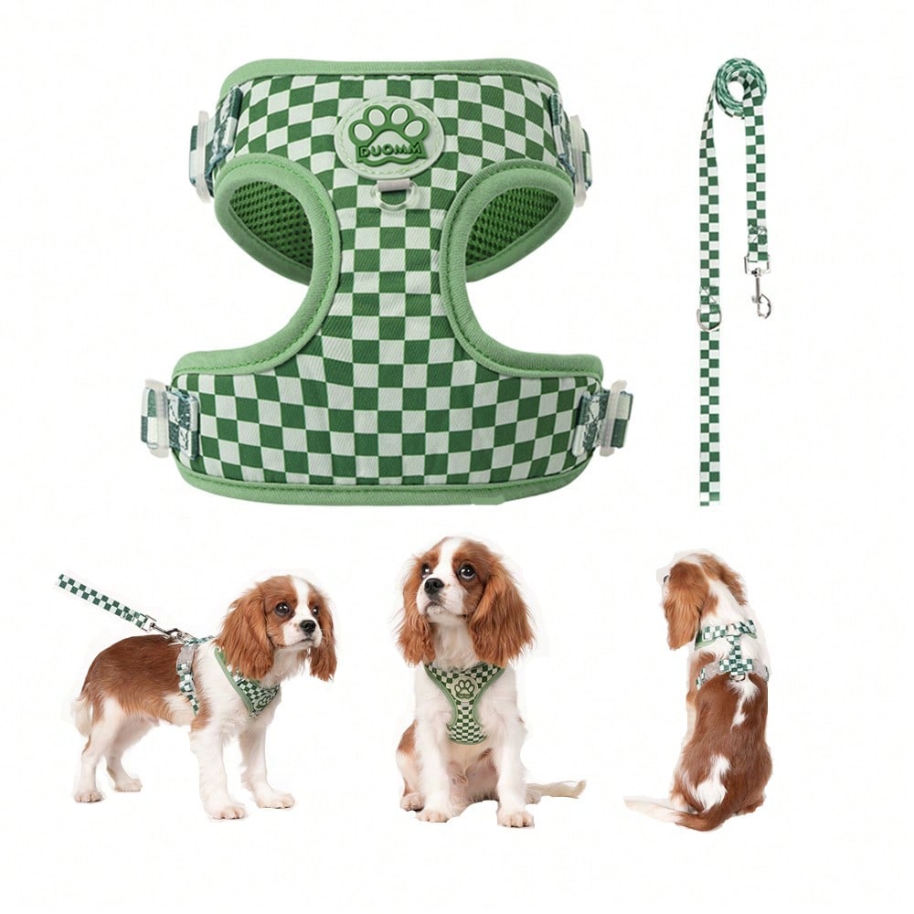 Spring New Plaid Pattern Dog Harness And Leash Set, Made Of Soft Breathable Mesh Fabric, Back Equipped With Round Ring For Increased Stability, Anti-Friction Design, Adjustable Size, Suitable For Small Dogs - Fashionable And Comfortable, Ideal For Daily