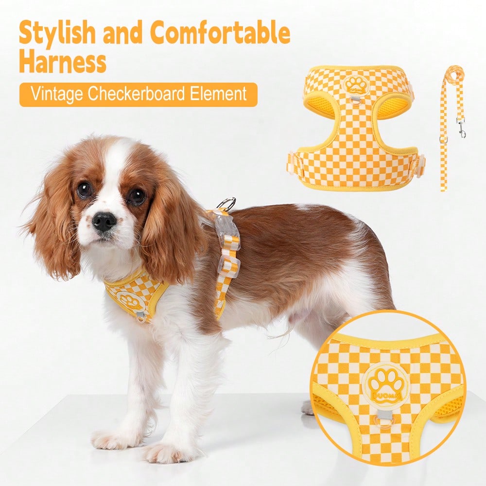 Spring New Plaid Pattern Dog Harness And Leash Set, Made Of Soft Breathable Mesh Fabric, Back Equipped With Round Ring For Increased Stability, Anti-Friction Design, Adjustable Size, Suitable For Small Dogs - Fashionable And Comfortable, Ideal For Daily