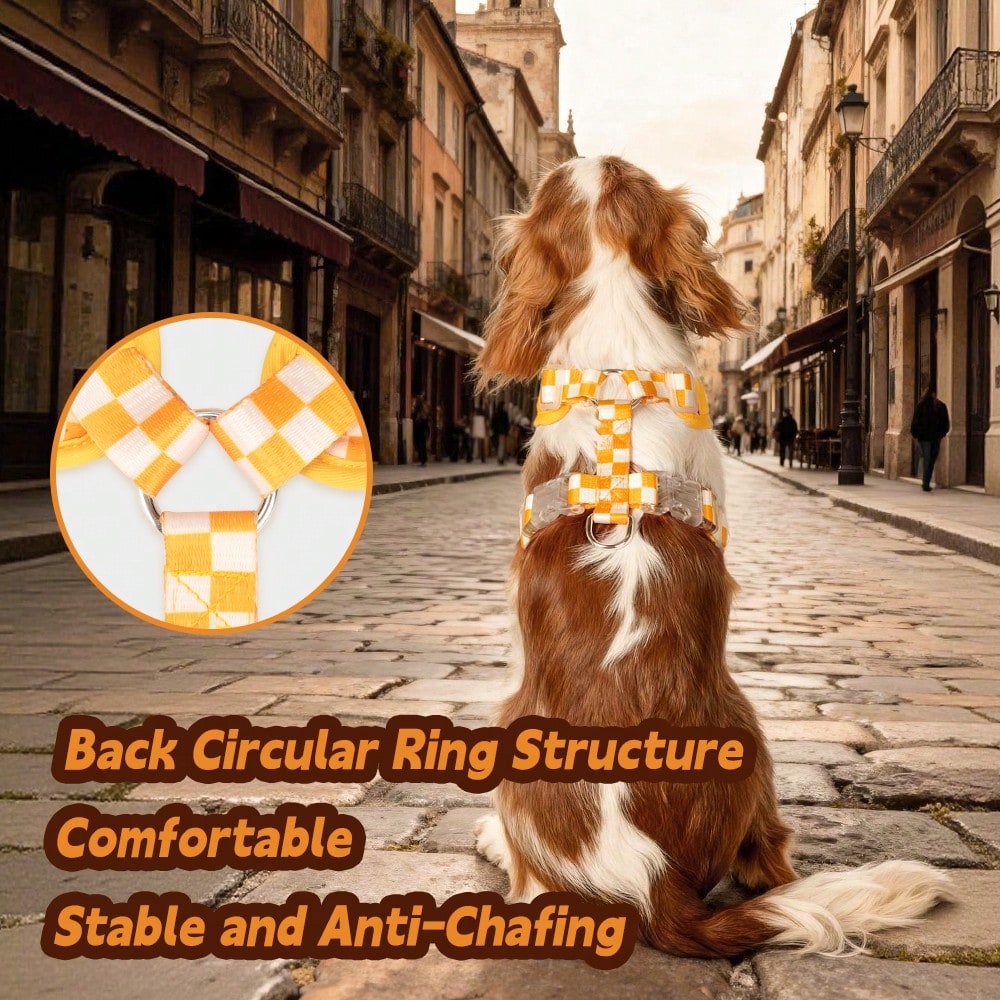 Spring New Plaid Pattern Dog Harness And Leash Set, Made Of Soft Breathable Mesh Fabric, Back Equipped With Round Ring For Increased Stability, Anti-Friction Design, Adjustable Size, Suitable For Small Dogs - Fashionable And Comfortable, Ideal For Daily