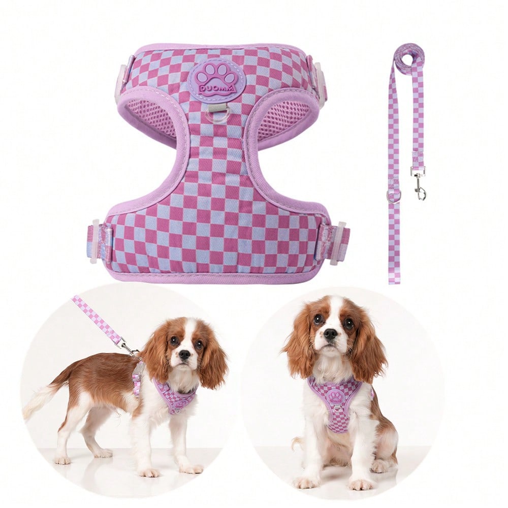Mauve purple plaid dog harness and leash set made of polyester mesh, adjustable for small cats or dogs, with back ring and waste bag holder for walking and training.