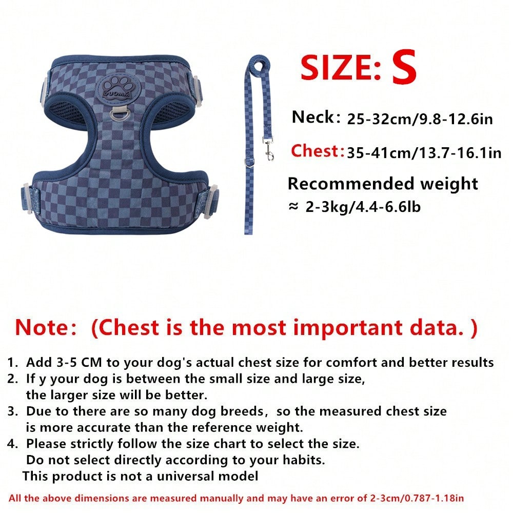 Navy blue checkered dog harness and leash set made from polyester with breathable mesh, adjustable fit, back circular ring, and matching leash for cats or small dogs.