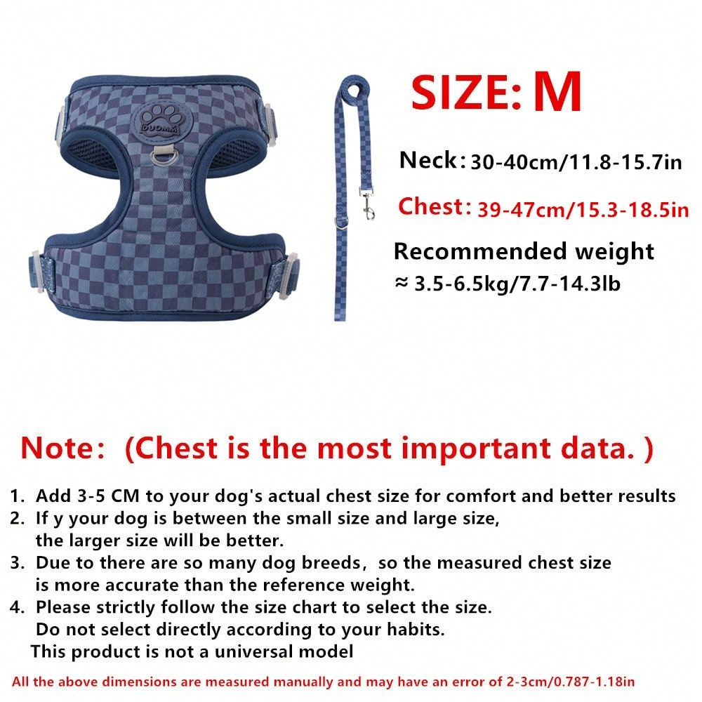 Navy blue checkered dog harness and leash set made from polyester with breathable mesh, adjustable fit, back circular ring, and matching leash for cats or small dogs.