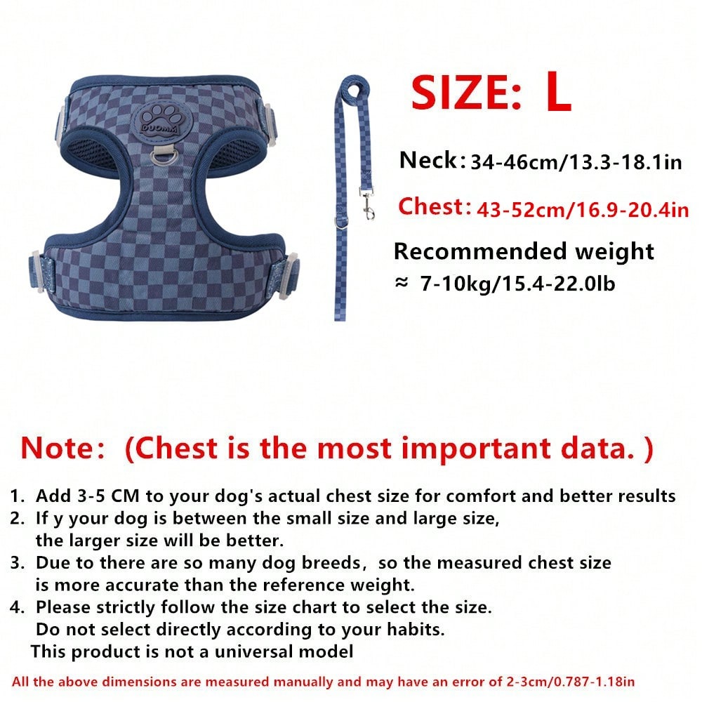 Navy blue checkered dog harness and leash set made from polyester with breathable mesh, adjustable fit, back circular ring, and matching leash for cats or small dogs.
