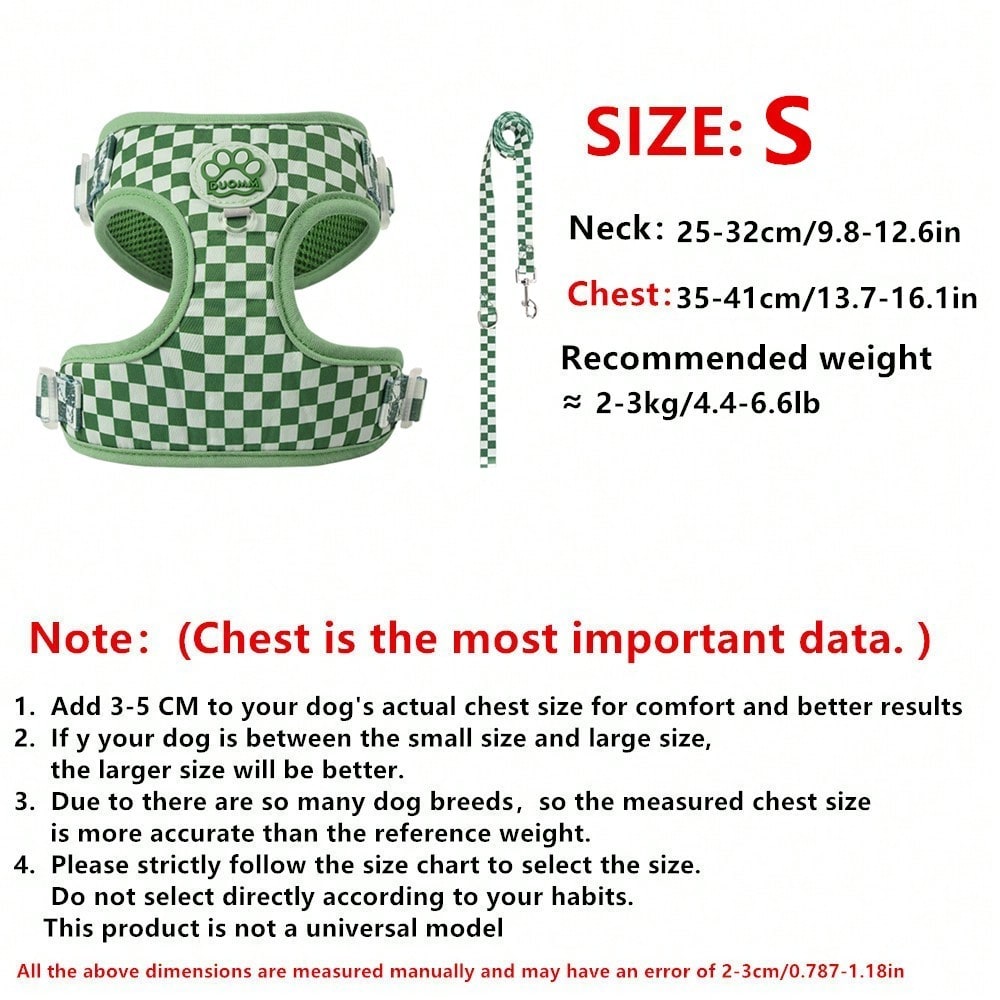Green plaid dog harness and leash set made of breathable polyester mesh with adjustable anti-friction design, back round ring, matching leash, and waste bag holder for small dogs and cats.