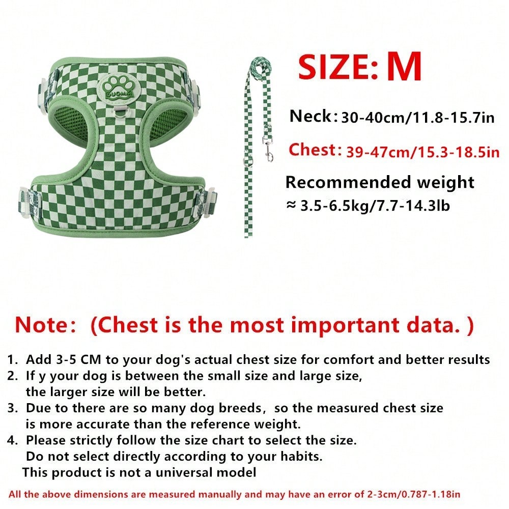 Green plaid dog harness and leash set made of breathable polyester mesh with adjustable anti-friction design, back round ring, matching leash, and waste bag holder for small dogs and cats.