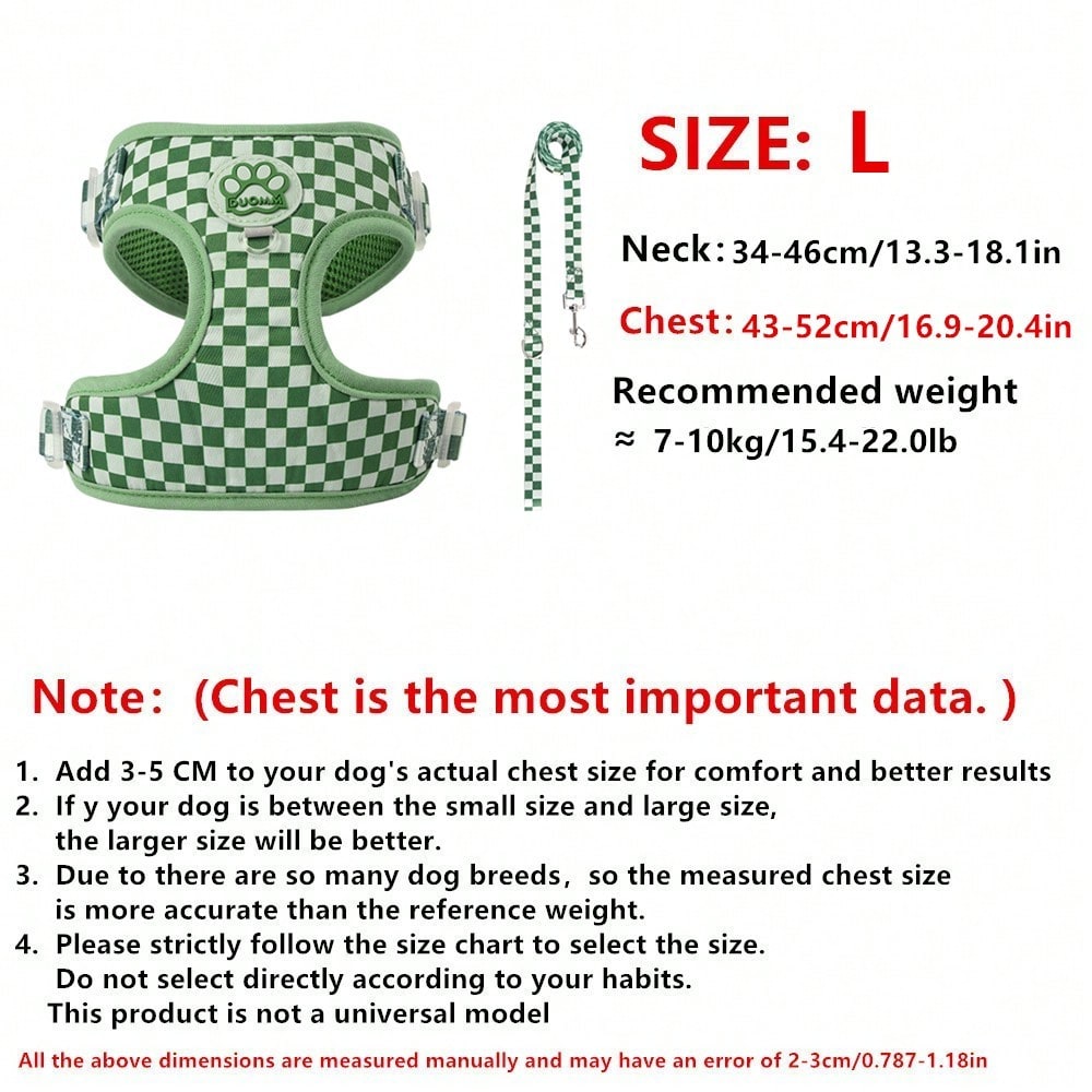 Green plaid dog harness and leash set made of breathable polyester mesh with adjustable anti-friction design, back round ring, matching leash, and waste bag holder for small dogs and cats.