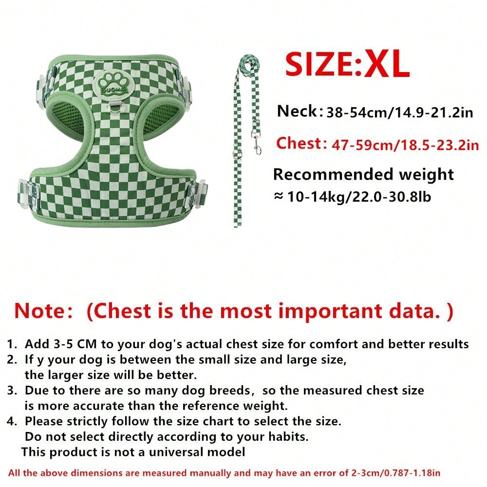 Green plaid dog harness and leash set made of breathable polyester mesh with adjustable anti-friction design, back round ring, matching leash, and waste bag holder for small dogs and cats.