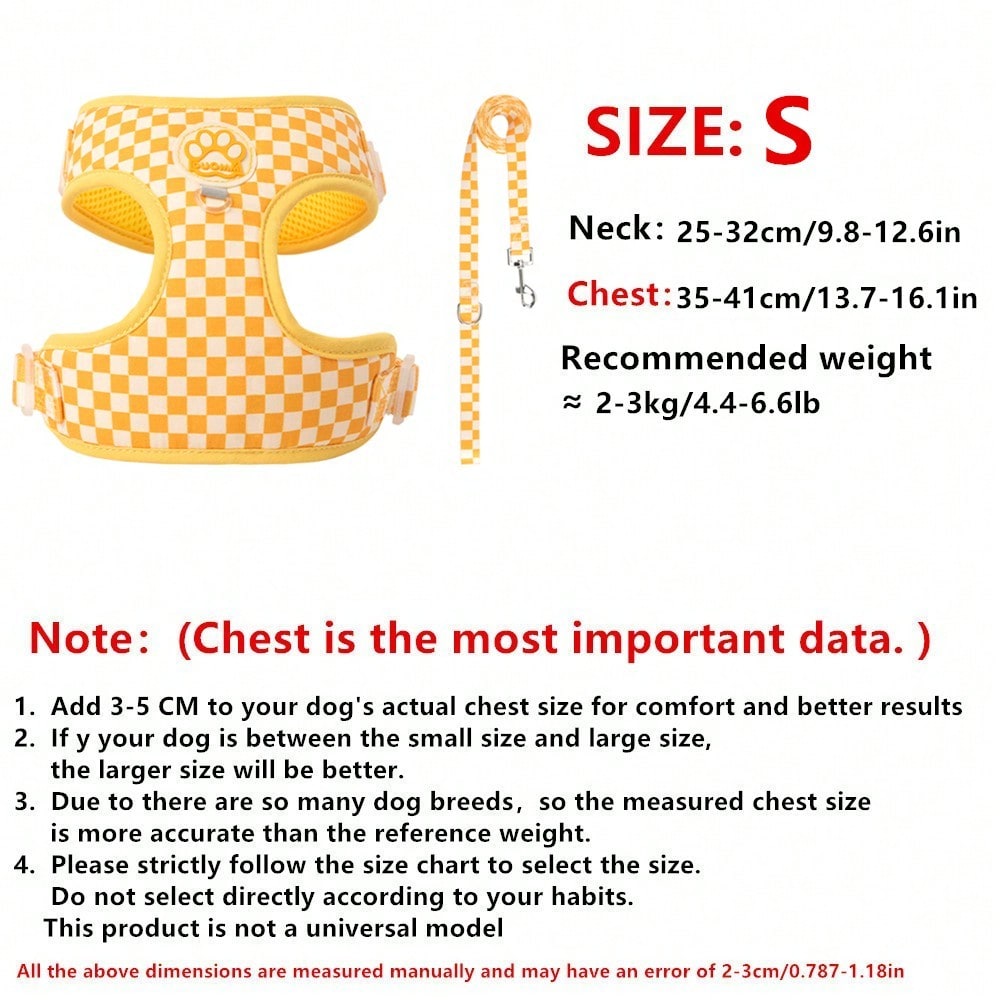 Spring New Plaid Pattern Dog Harness And Leash Set, Made Of Soft Breathable Mesh Fabric, Back Equipped With Round Ring For Increased Stability, Anti-Friction Design, Adjustable Size, Suitable For Small Dogs - Fashionable And Comfortable, Ideal For Daily