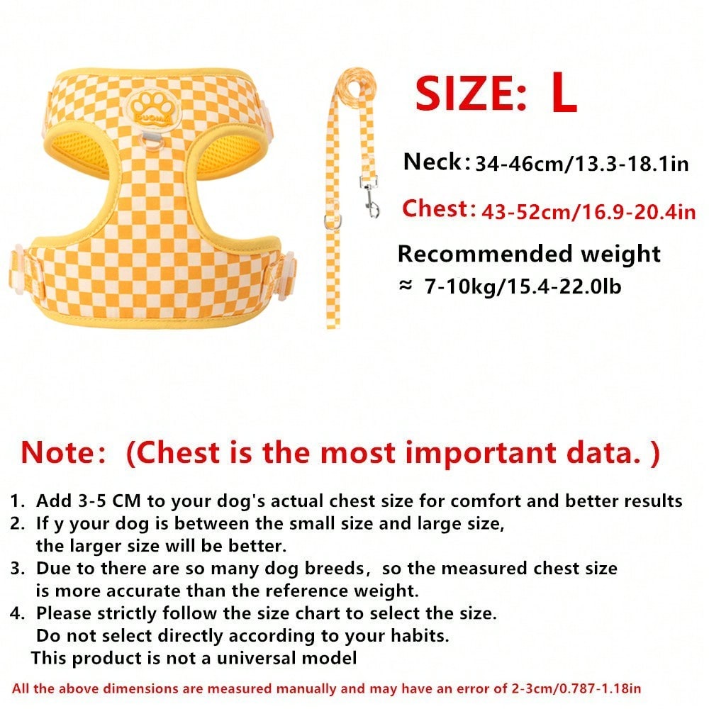Spring New Plaid Pattern Dog Harness And Leash Set, Made Of Soft Breathable Mesh Fabric, Back Equipped With Round Ring For Increased Stability, Anti-Friction Design, Adjustable Size, Suitable For Small Dogs - Fashionable And Comfortable, Ideal For Daily