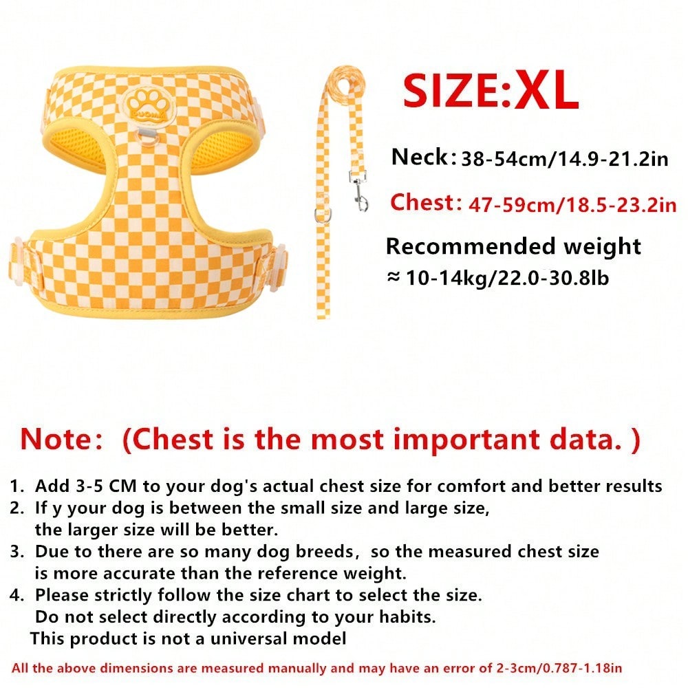 Spring New Plaid Pattern Dog Harness And Leash Set, Made Of Soft Breathable Mesh Fabric, Back Equipped With Round Ring For Increased Stability, Anti-Friction Design, Adjustable Size, Suitable For Small Dogs - Fashionable And Comfortable, Ideal For Daily