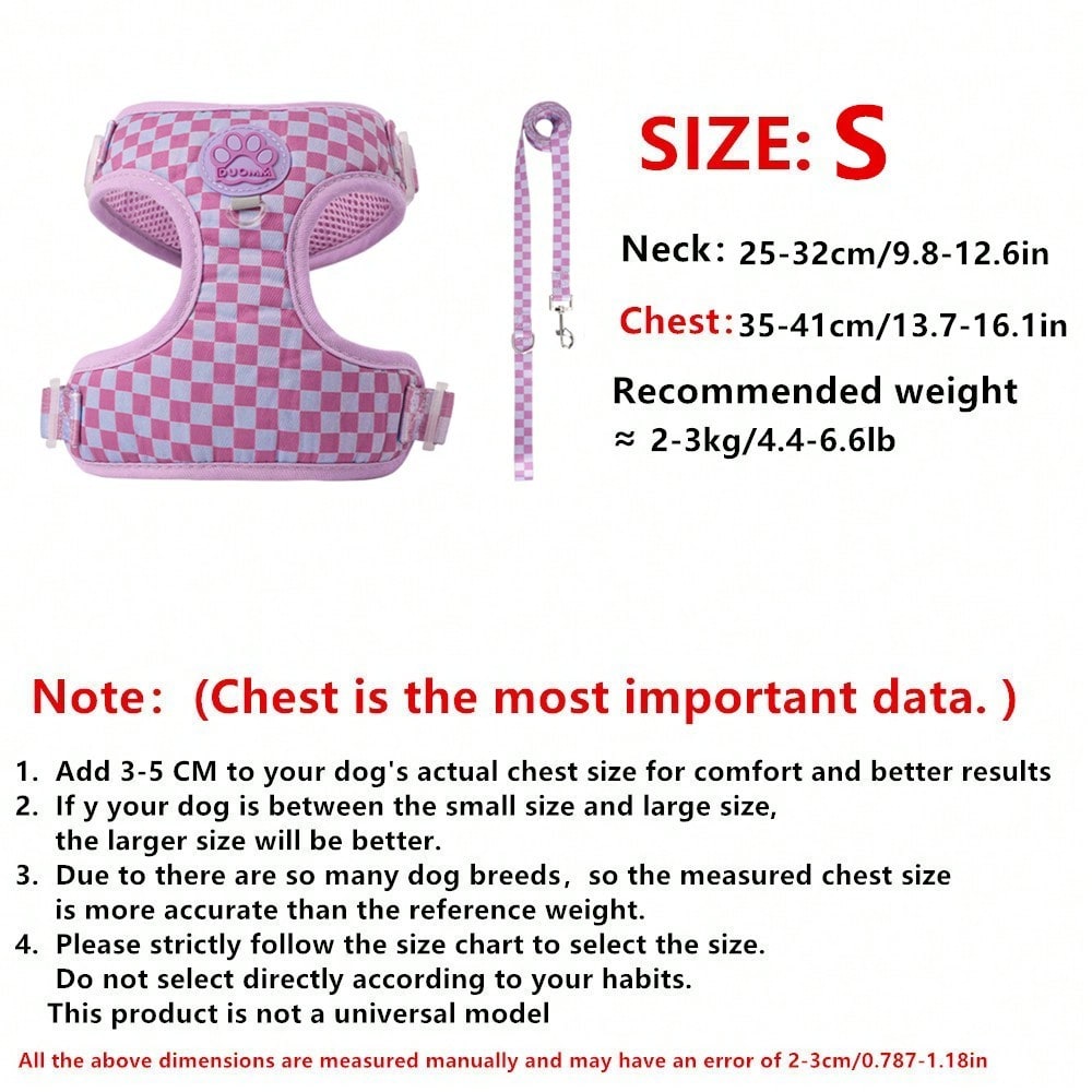 Mauve purple plaid dog harness and leash set made of polyester mesh, adjustable for small cats or dogs, with back ring and waste bag holder for walking and training.