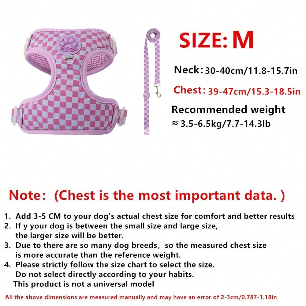Mauve purple plaid dog harness and leash set made of polyester mesh, adjustable for small cats or dogs, with back ring and waste bag holder for walking and training.