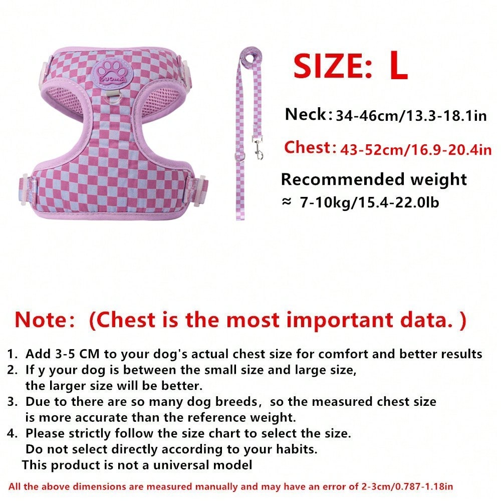 Mauve purple plaid dog harness and leash set made of polyester mesh, adjustable for small cats or dogs, with back ring and waste bag holder for walking and training.