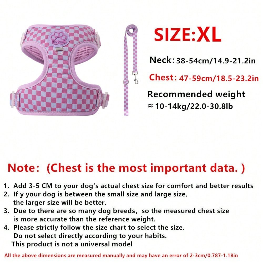 Mauve purple plaid dog harness and leash set made of polyester mesh, adjustable for small cats or dogs, with back ring and waste bag holder for walking and training.