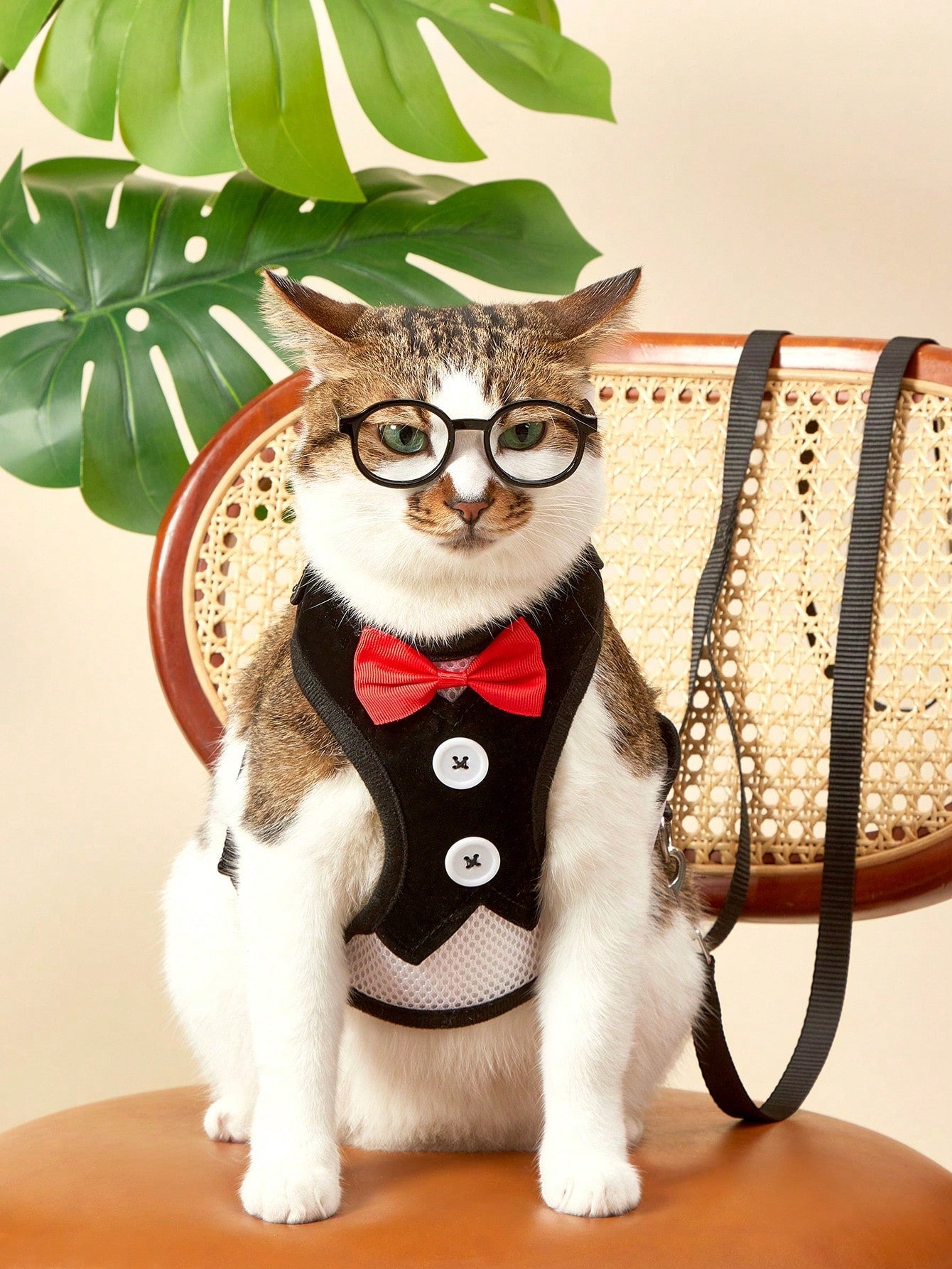 Black polyamide pet chest harness and back strap with leash for walking small and medium cats or dogs.