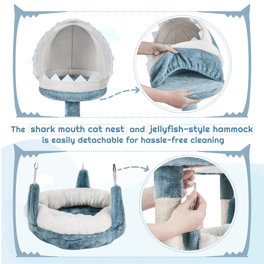 Butterslay 45.5 inch multi-level ocean themed cat tree tower in blue and white featuring plush perches, sisal scratching posts, a shark mouth nest, and a hammock for indoor cats.