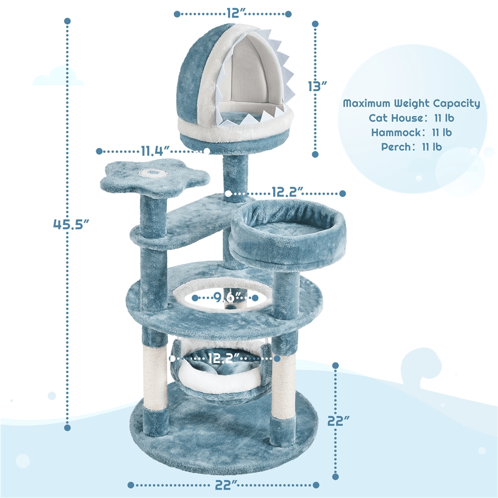 Butterslay 45.5 inch multi-level ocean themed cat tree tower in blue and white featuring plush perches, sisal scratching posts, a shark mouth nest, and a hammock for indoor cats.